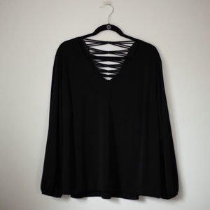 Alyx 3x black blouse, back criss cross design- long sleeves